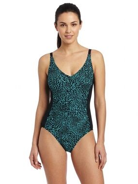 Gabar Twist Front One Piece Swimsuit Aqua Animal Print Tummy Control Size 8 NWT
